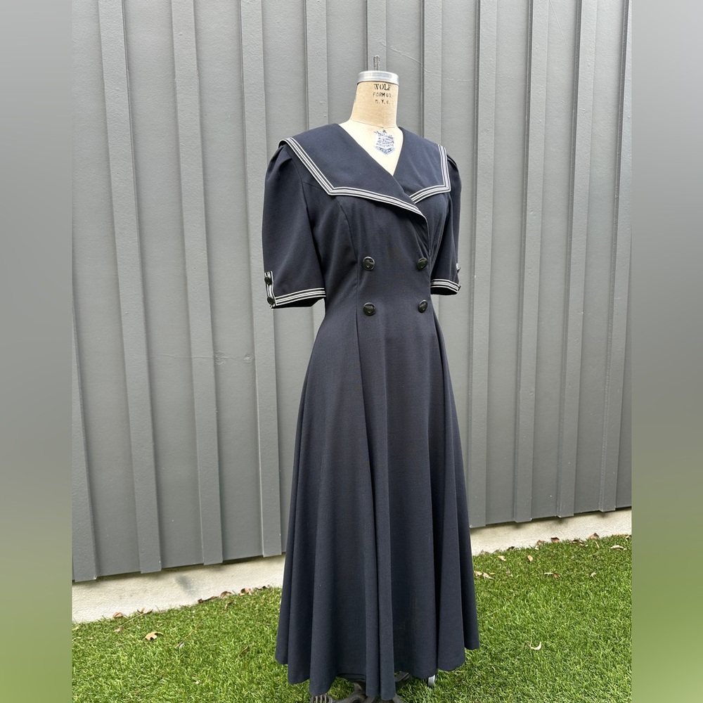 Vintage 1980s “American Design” Black Sailor Fuku Collar Short Sleeve Maxi Dress - Picture 10 of 15